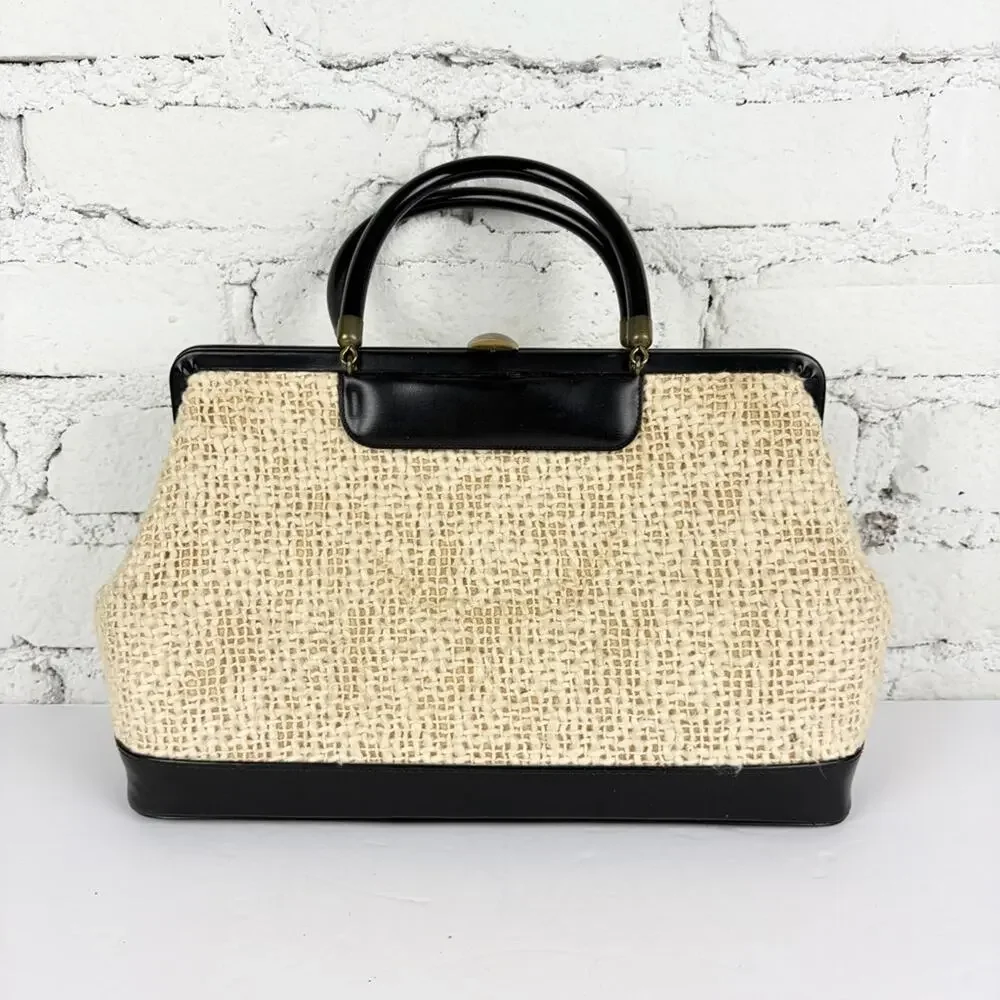 VTG Cream Tweed Black Top Handle Feld Zipper Kisslock Satchel Purse Bag